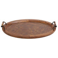 Large Oval Brown Wood Tray with Scroll Metal Handles - 29 x 19 Inches