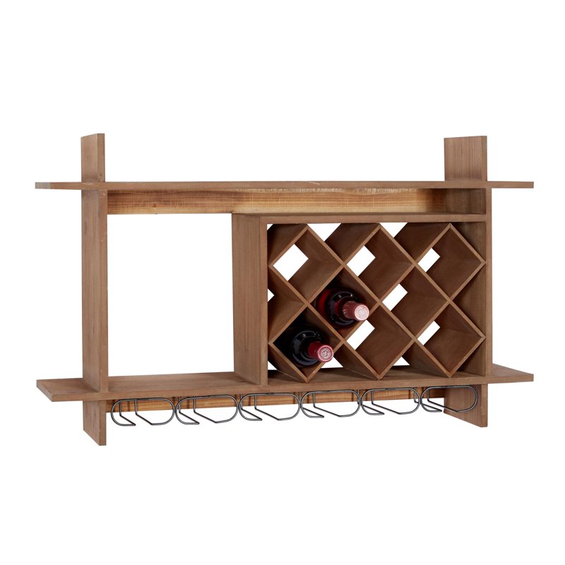 34" Brown Wood Geometric 8-Bottle Wall Wine Rack with Glass Holder