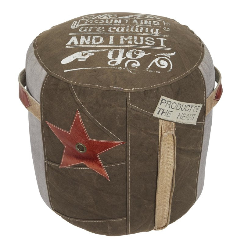 Round Brown Canvas Star Pouf with Leather Accents - 17x17x19 Inches, Variation of THIS listing