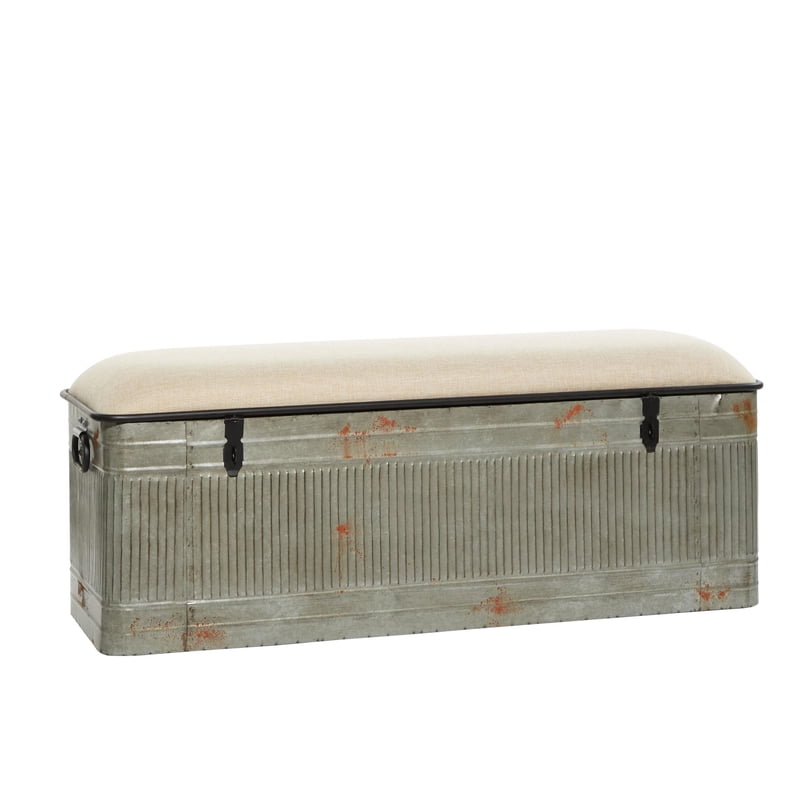 Metal Galvanized Storage Bench with Cream Burlap Top