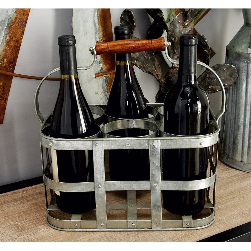 Metal Wine Holder - Gray Galvanized 6 Bottle Caddy - 13" x 7"