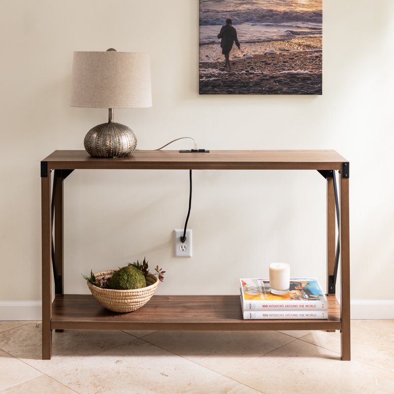 Industrial Rectangular Wood Console Table with USB Charging Ports - Walnut