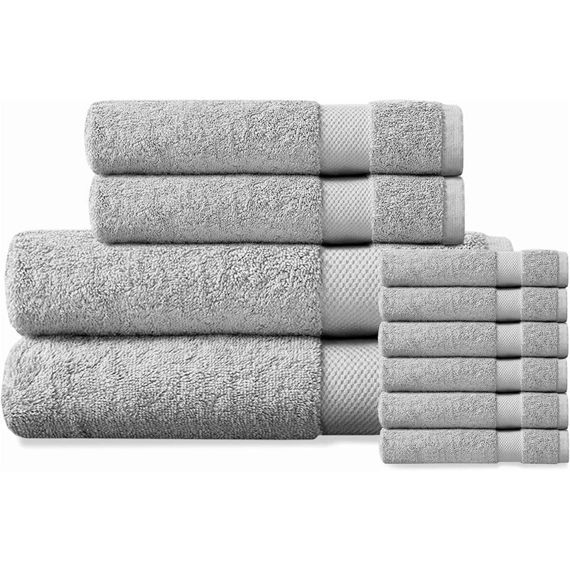 Delara Organic Cotton Towel Set - Light Gray, 10 Pieces, 650 GSM Plush, Quick Dry & Ultra-Absorbent
