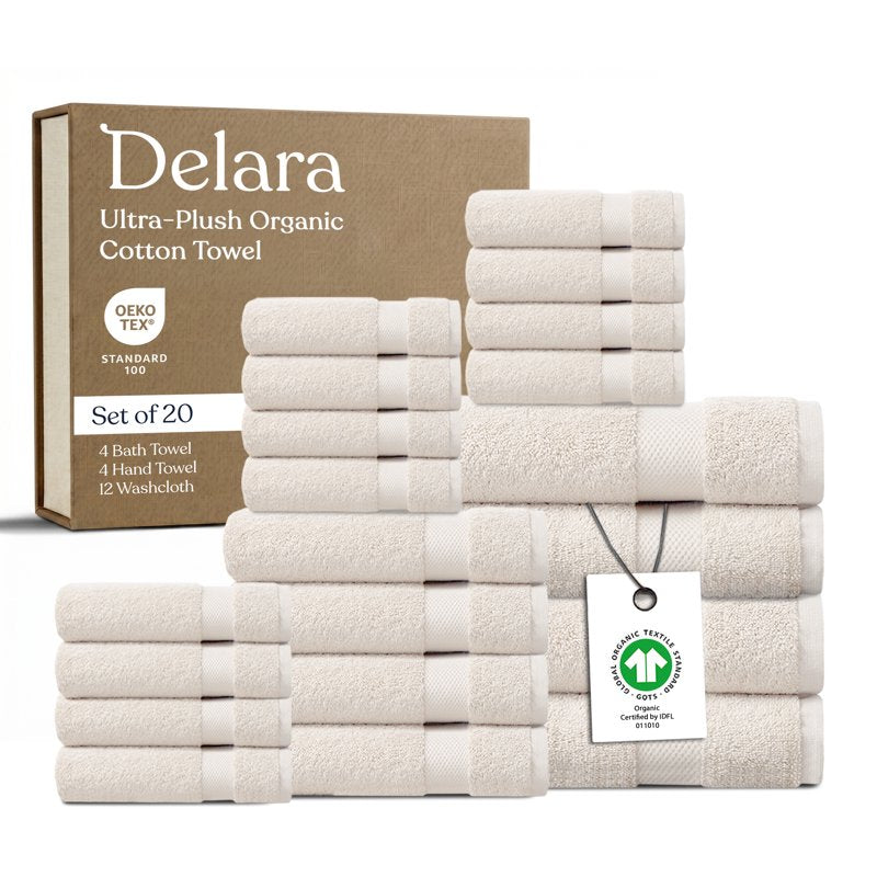 Delara Organic Cotton Towel Set - Ivory, 20-Piece Luxury Plush 650 GSM