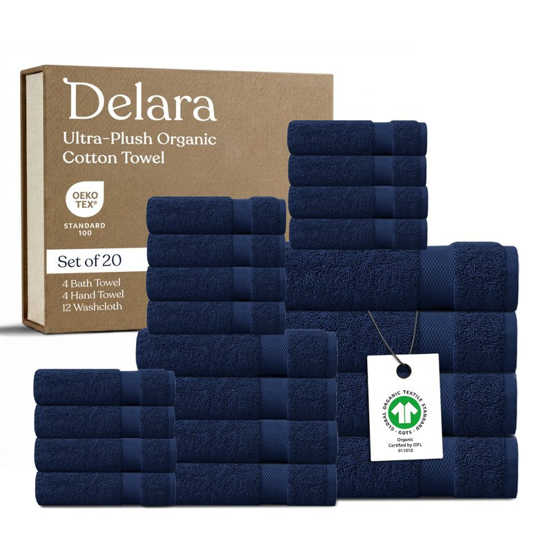 Delara Organic Cotton Towel Set Navy Blue - 20 Pcs, 650 GSM Luxury Plush, Quick-Dry & Ultra-Absorbent