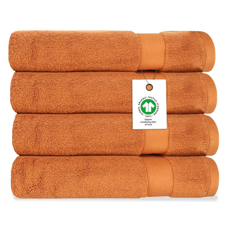 Organic Cotton Plush Bath Towel Set - Burnt Caramel, 4 Pack, 650 GSM, Ultra-Absorbent