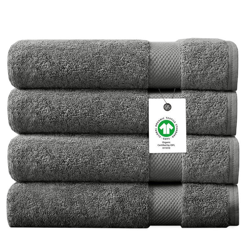 Delara Organic Cotton Bath Towel Pack of 4 - Dark Gray, 650 GSM Ultra-Absorbent & Soft Hotel Quality Towels