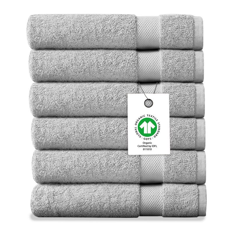 Delara Organic Cotton Washcloths 6-Pack - Light Grey, 13x13 Inches, 650 GSM