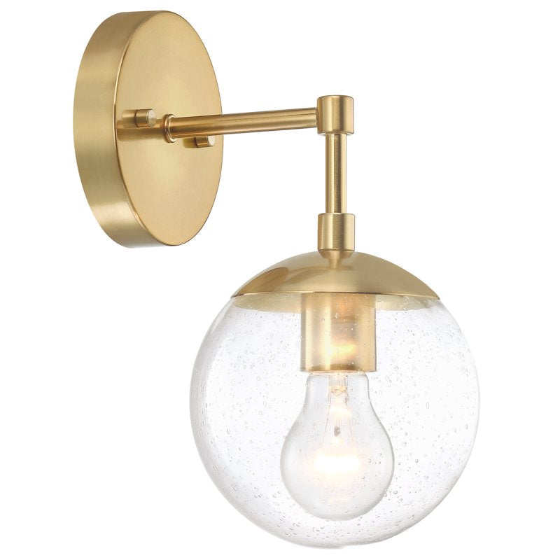 Satin Gold Modern Dimmable Wall Sconce with Clear Seedy Glass Globe Shade - Ideal for Bathrooms, Kitchens, Hallways