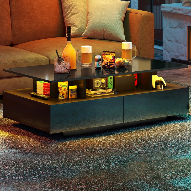 Modern Coffee Table with LED Lighting and Storage - Black
