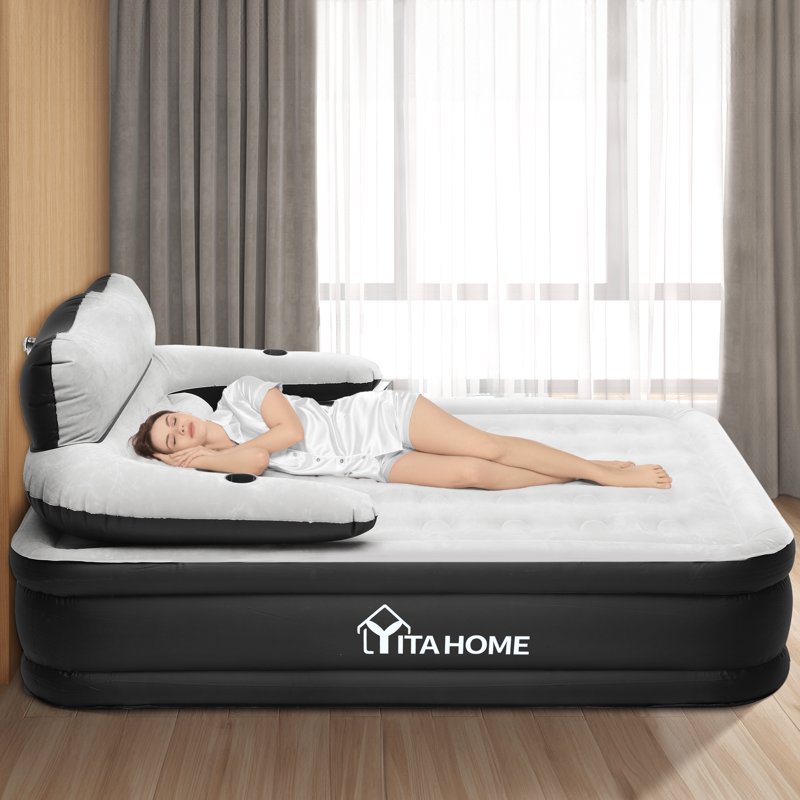 Queen Air Bed with Detachable Headboard & Built-In Pump - Portable Inflatable Mattress