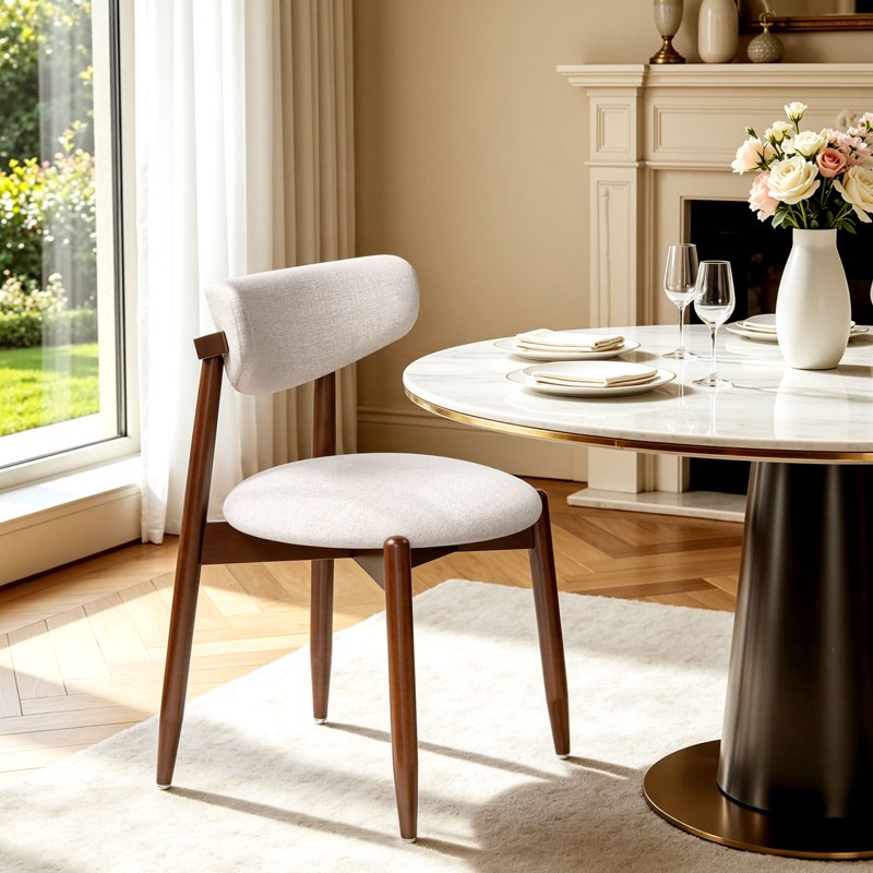 Upholstered Dining Chair Set of 2 - Linen/Walnut, Curved Back
