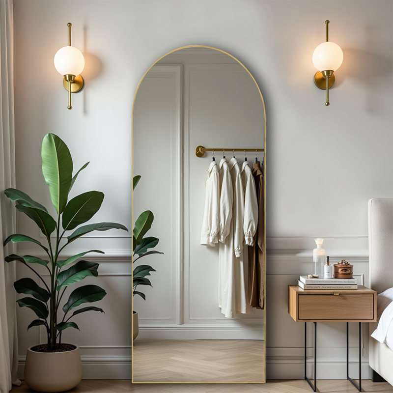 64-Inch Gold Full-Length Arched Floor Mirror with Bracket - Modern Home Decor
