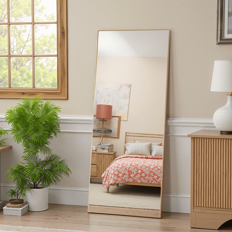 64-Inch Full Length Floor Mirror - Gold Aluminum Frame, Standing & Bracket