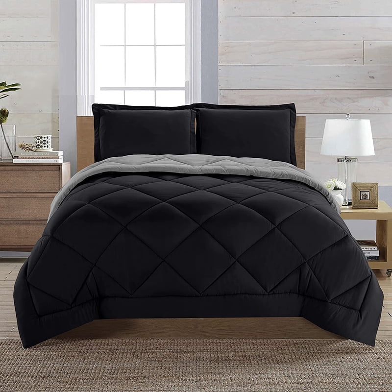 Down Alternative Comforter Set Full/Queen - Black & Gray, 3-Piece Reversible Bedding