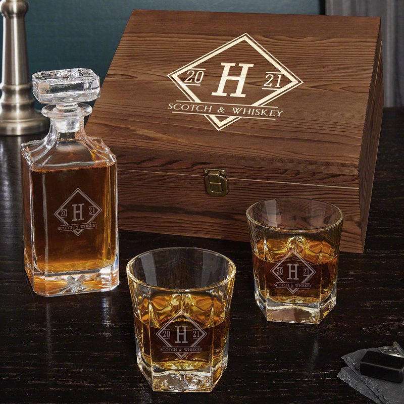 Engraved Whiskey Decanter Set with Glasses and Gift Box