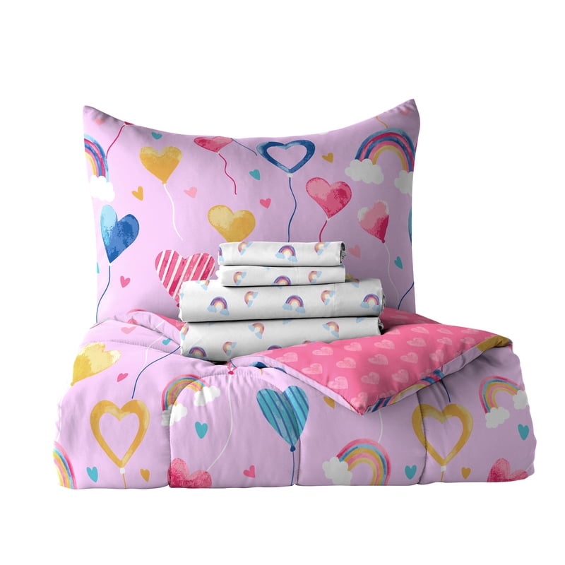 Full Bed-in-a-Bag for Kids - Lilac Balloon Hearts Bedding Set, Microfiber, Child Age 3+