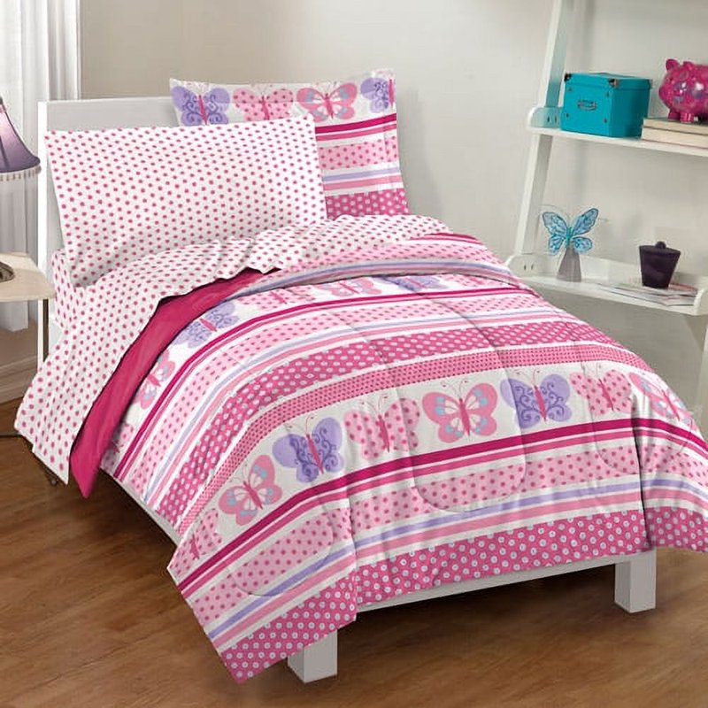 Pink Butterfly Dots Full Comforter Set for Child Bedroom - Microfiber, 7 Pieces