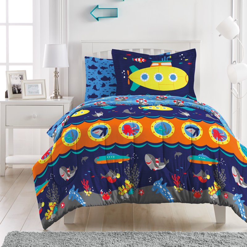 Twin Submarine Comforter Set for Kids - Navy Microfiber Bedding with Sea Animal Prints