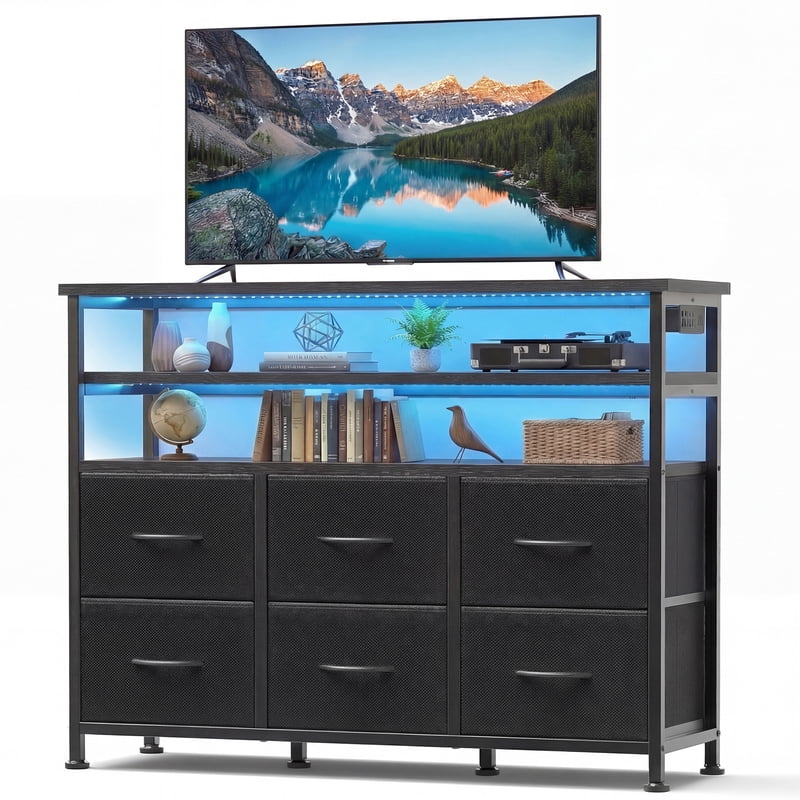 6-Drawer Fabric Dresser with Power Outlets & LED Light - Multiple Colors
