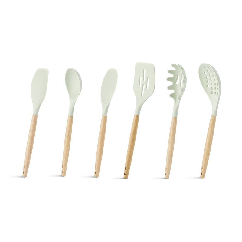 6-Piece Silicone and Wood Kitchen Utensil Set - Green