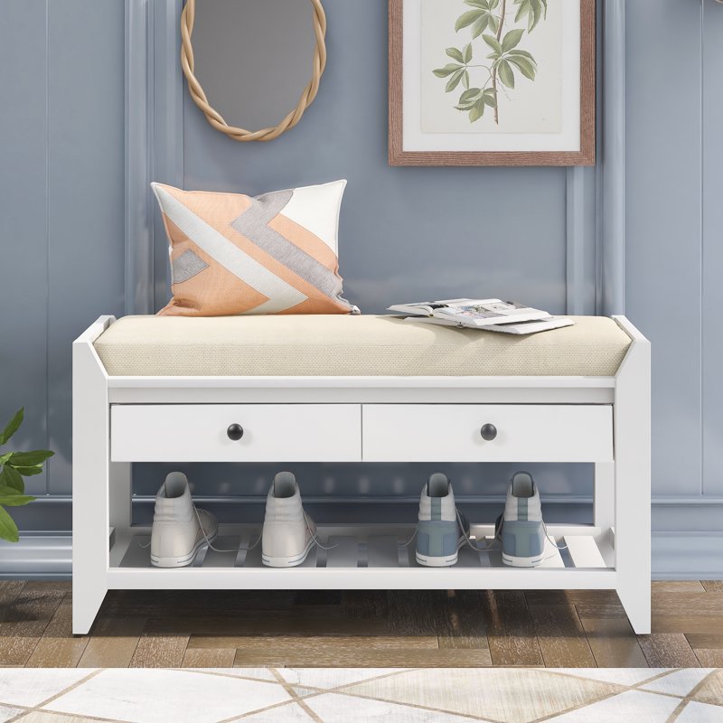 35" Shoe Rack Storage Bench with Cushioned Seat and Drawers