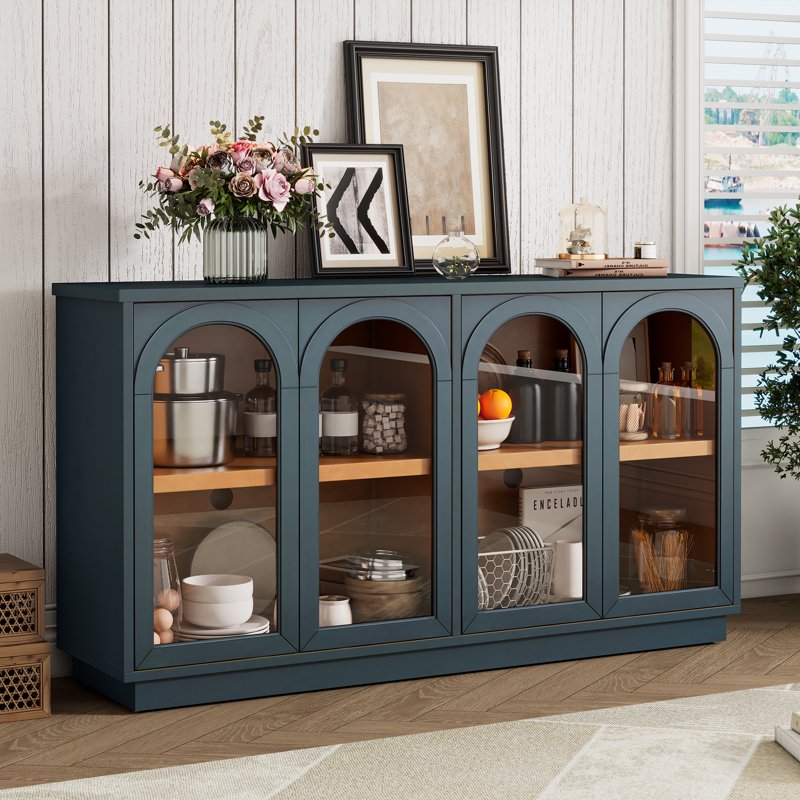Large Navy Sideboard Buffet Cabinet with Glass Doors & Adjustable Shelves