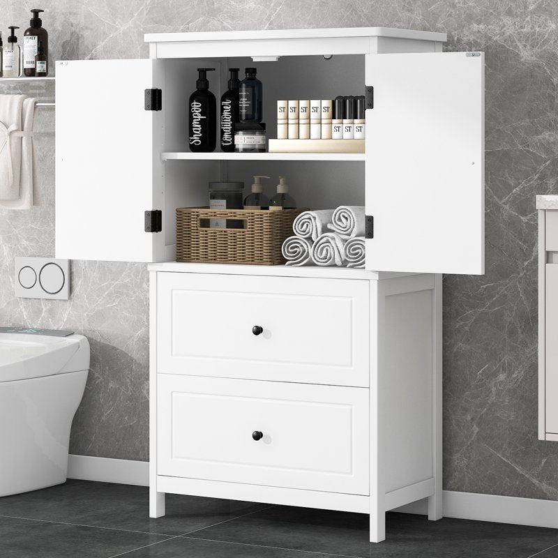 Bathroom Floor Storage Cabinet with 2 Drawers & 2 Doors - White, Adjustable Shelf