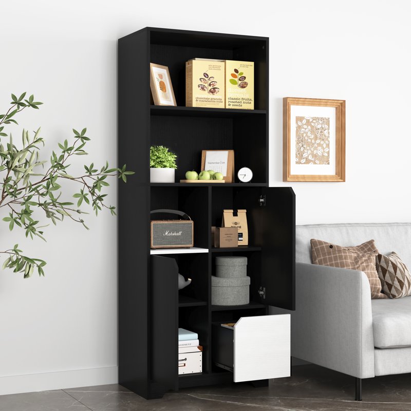 Tall Bookcase with Drawer - 63" Freestanding Storage Shelf, Black