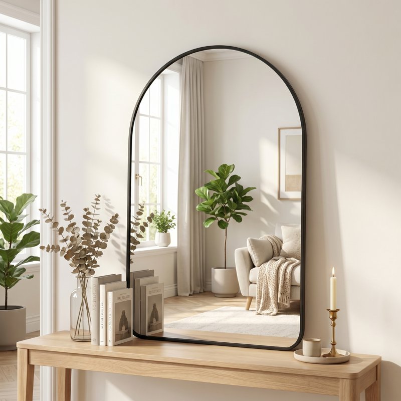Easy4Home 36x24 Inch Rounded Arched Bathroom Mirror Wall Mounted Vanity Mirror Black