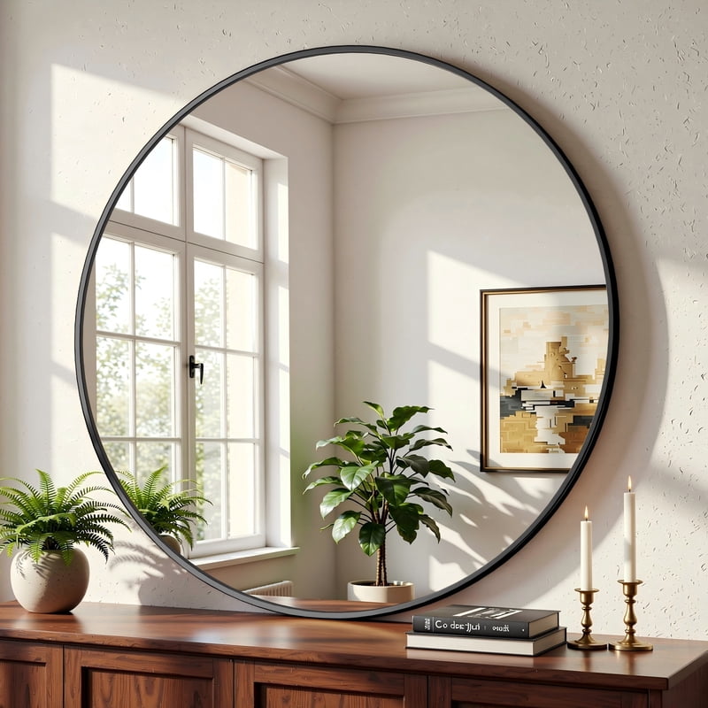 30 Inch Round Wall Mirror with Aluminum Alloy Frame - Bathroom Vanity Mirror