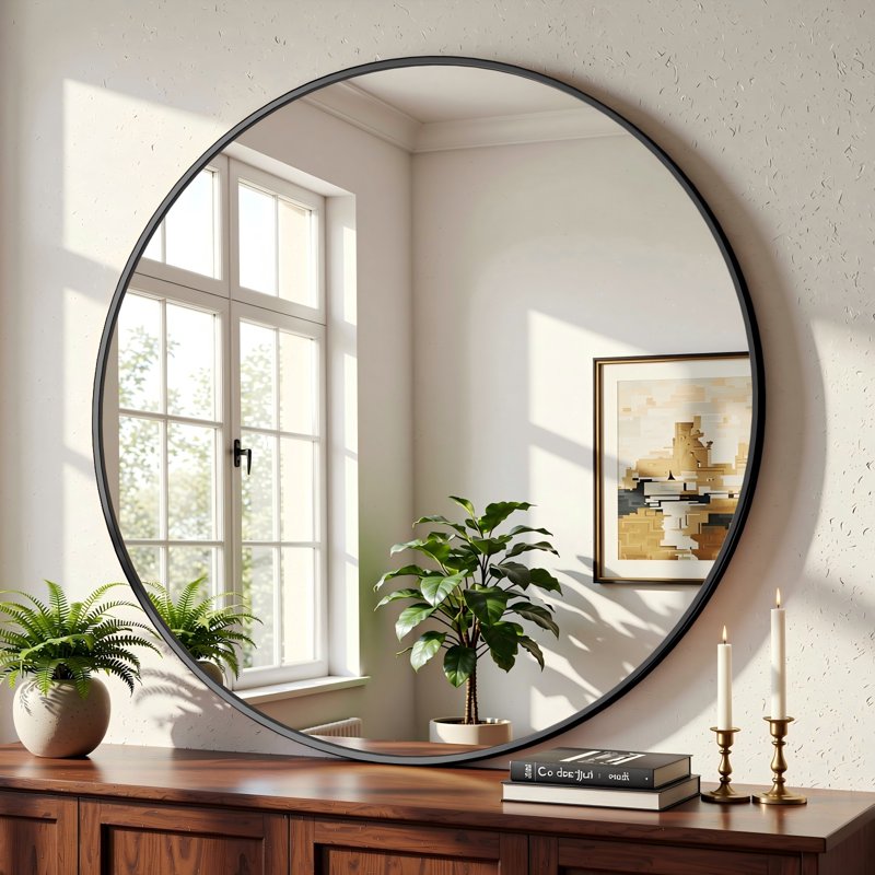 30 Inch Black Round Wall Mirror - Aluminum Alloy Frame Bathroom Mirror - Variation of THIS listing