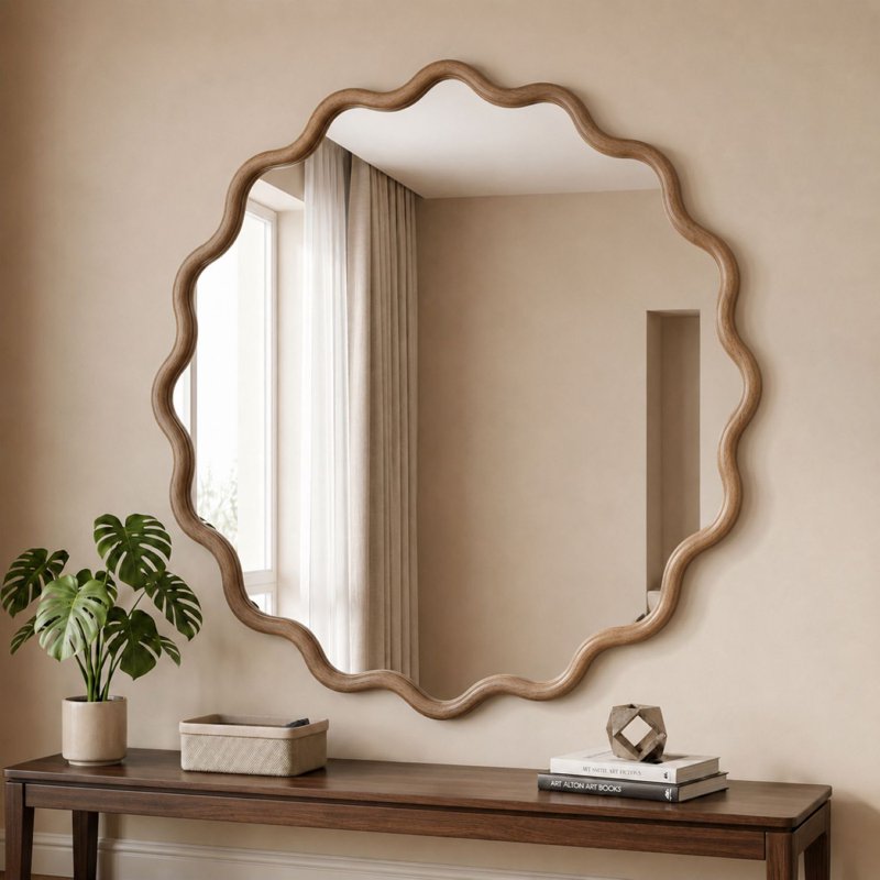 Wavy 30x30 Inch Bathroom Wall Mirror with Natural Wood Frame - Easy4Home