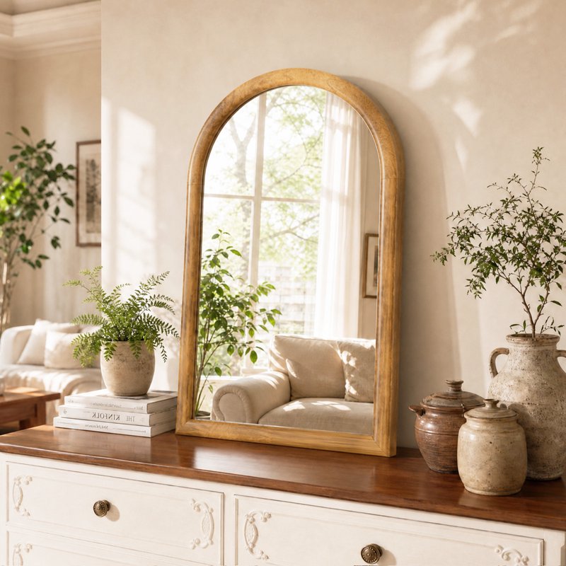 Arched Bathroom Mirror Wall Decor - 36x24 Natural Wood Frame