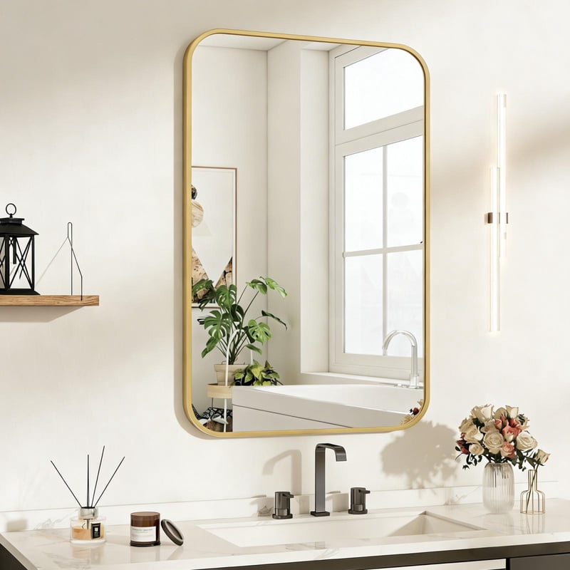 Bathroom Mirror 36x24 Inch Wall Mounted Rectangular Vanity Mirror with Rounded Corners - Gold - Easy4Home