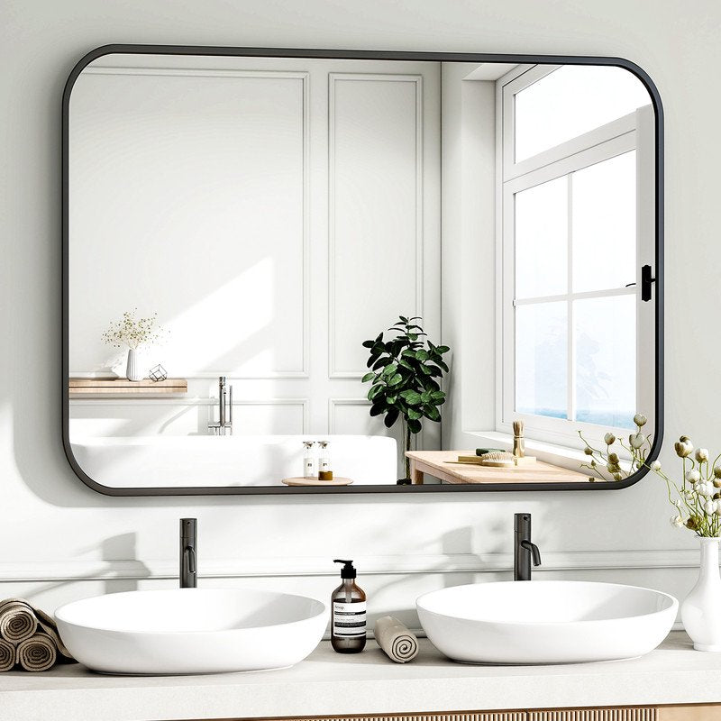 Bathroom Mirror 40x30 Inches Wall Mounted Rounded Corners Black - Easy4Home
