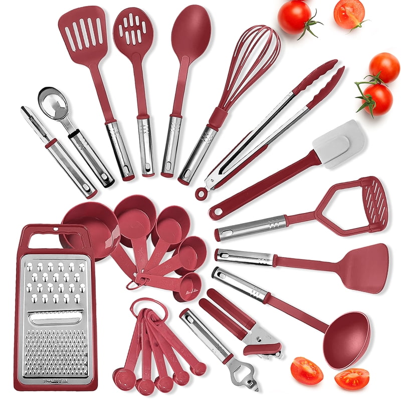 24-Piece Kitchen Utensil Set - Nylon & Stainless Steel - Red