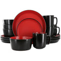 16 Piece Stoneware Dinnerware Set - Two Tone Red & Black