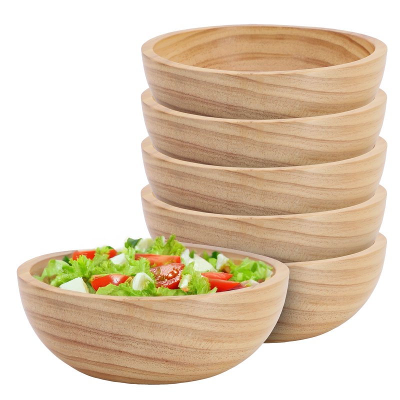 7-Inch Pine Wood Bowl Set - Light Brown - 6 Pieces