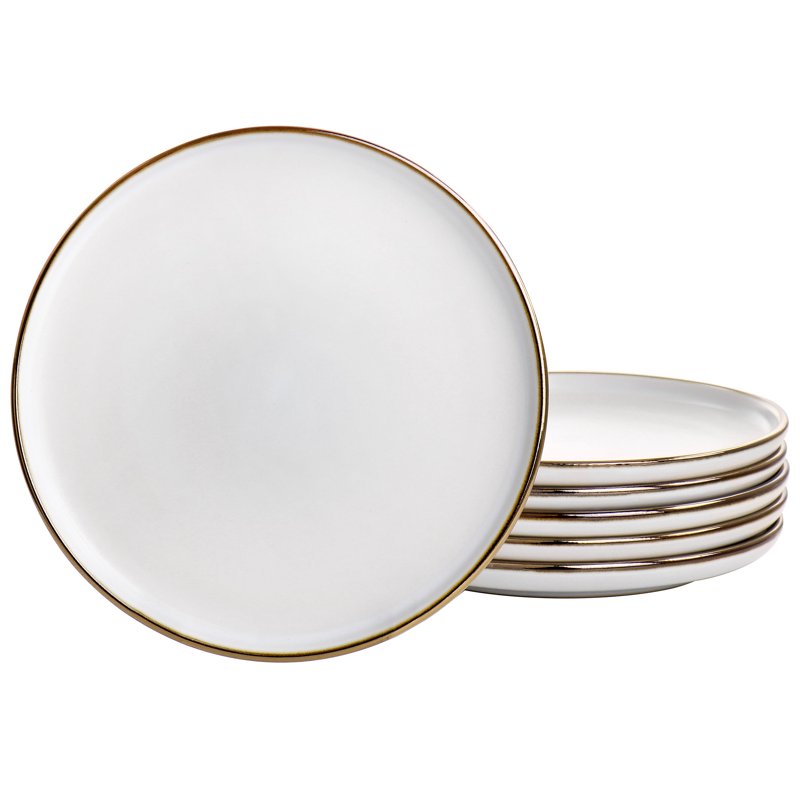 6 Piece Stoneware Salad Plate Set - Matte White with Gold Rim