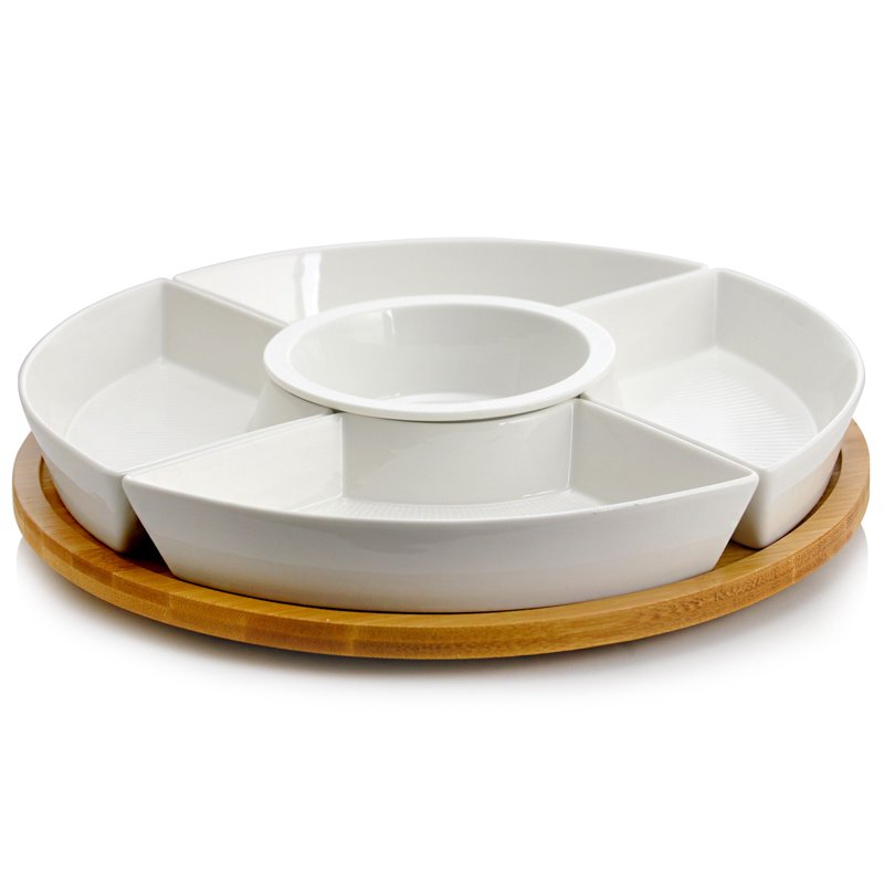 Ceramic Stoneware Condiment Appetizer Set with Bamboo Tray