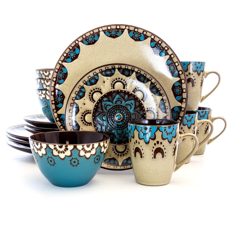 16-Piece Round Dinnerware Set in Tan and Blue