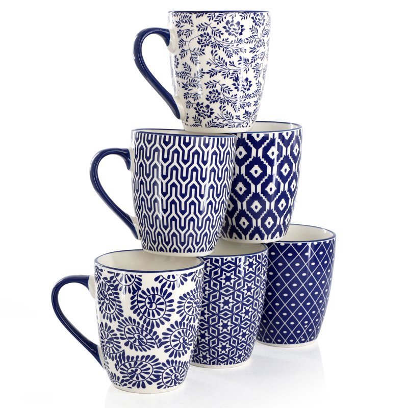 12 Ounce Stoneware Mug Set - Assorted Blue & White Designs - 6 Pieces