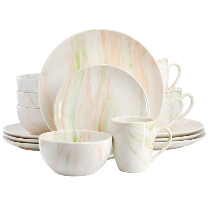 Fine Marble Porcelain Dinnerware Set - 16 Pieces, Service for 4 - Green