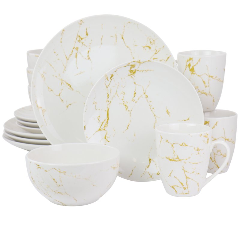 16-Piece Marble Dinnerware Set - Gold & White Stoneware