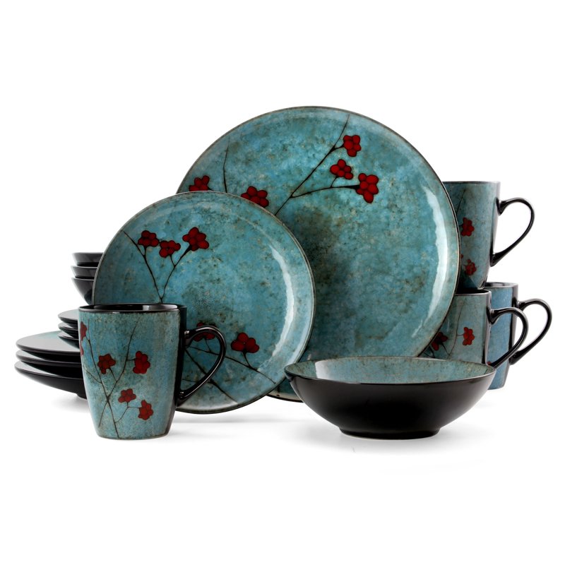 16 Piece Floral Accents Stoneware Dinnerware Set - Blue