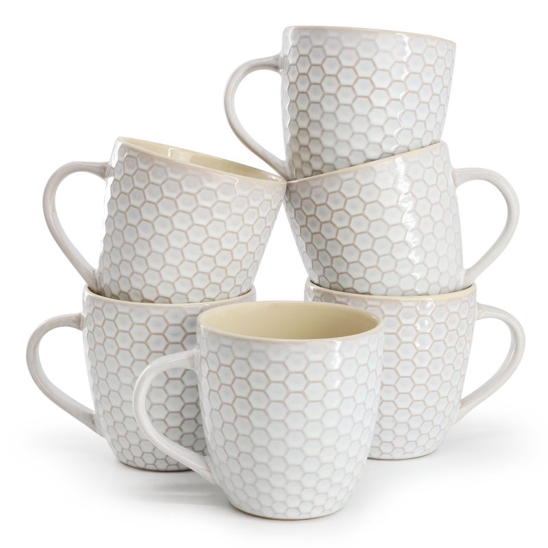 Honeycomb Mug Set - 6 Durable 15 Oz Mugs in White