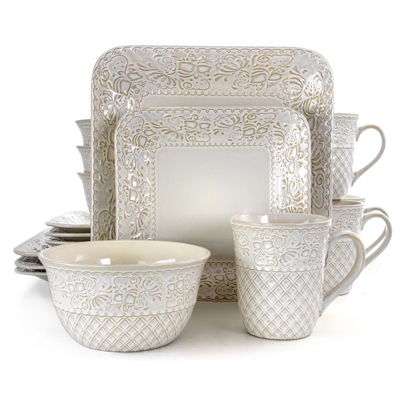 Ivory Lotus 16-Piece Square Dinnerware Set - Stoneware