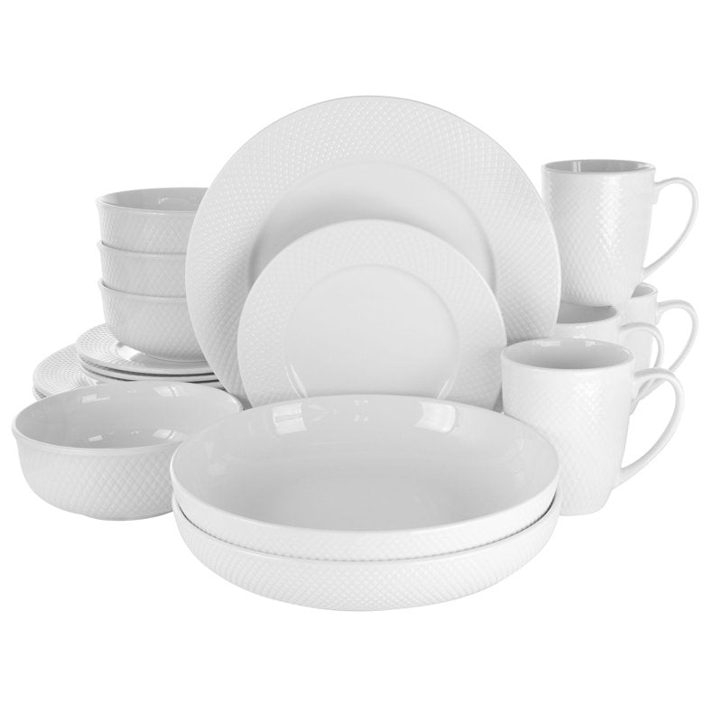 18-Piece Round Porcelain Dinnerware Set - White with Embossed Design