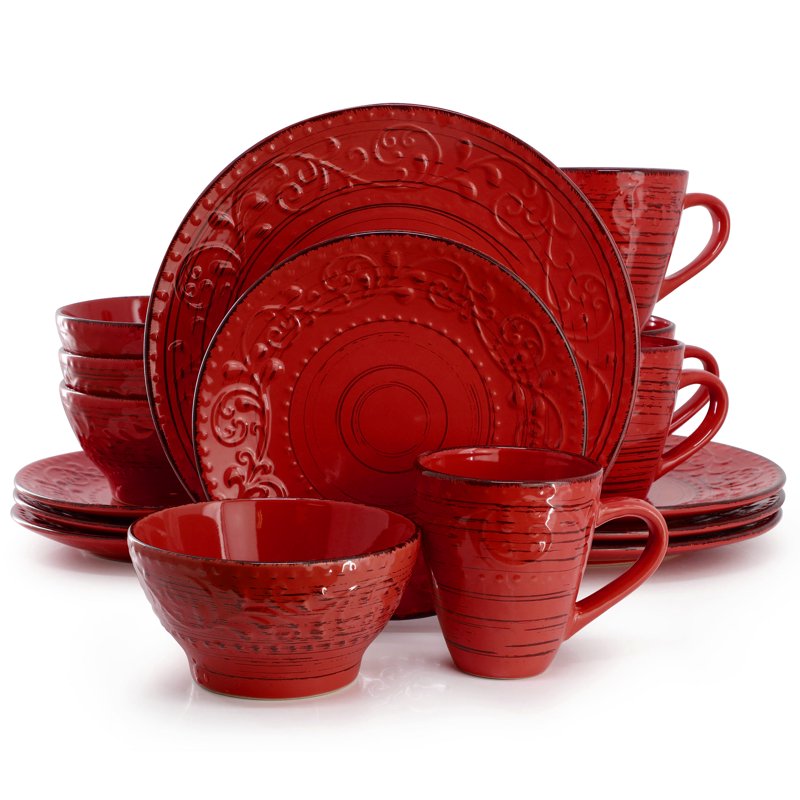 16-Piece Stoneware Dinnerware Set - Malibu Ocean Bloom Red